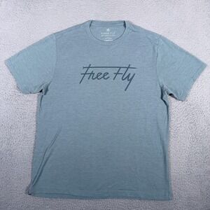 Free Fly Shirt Mens Medium Blue Short Sleeve Logo Outdoor Lightweight Poly Blend